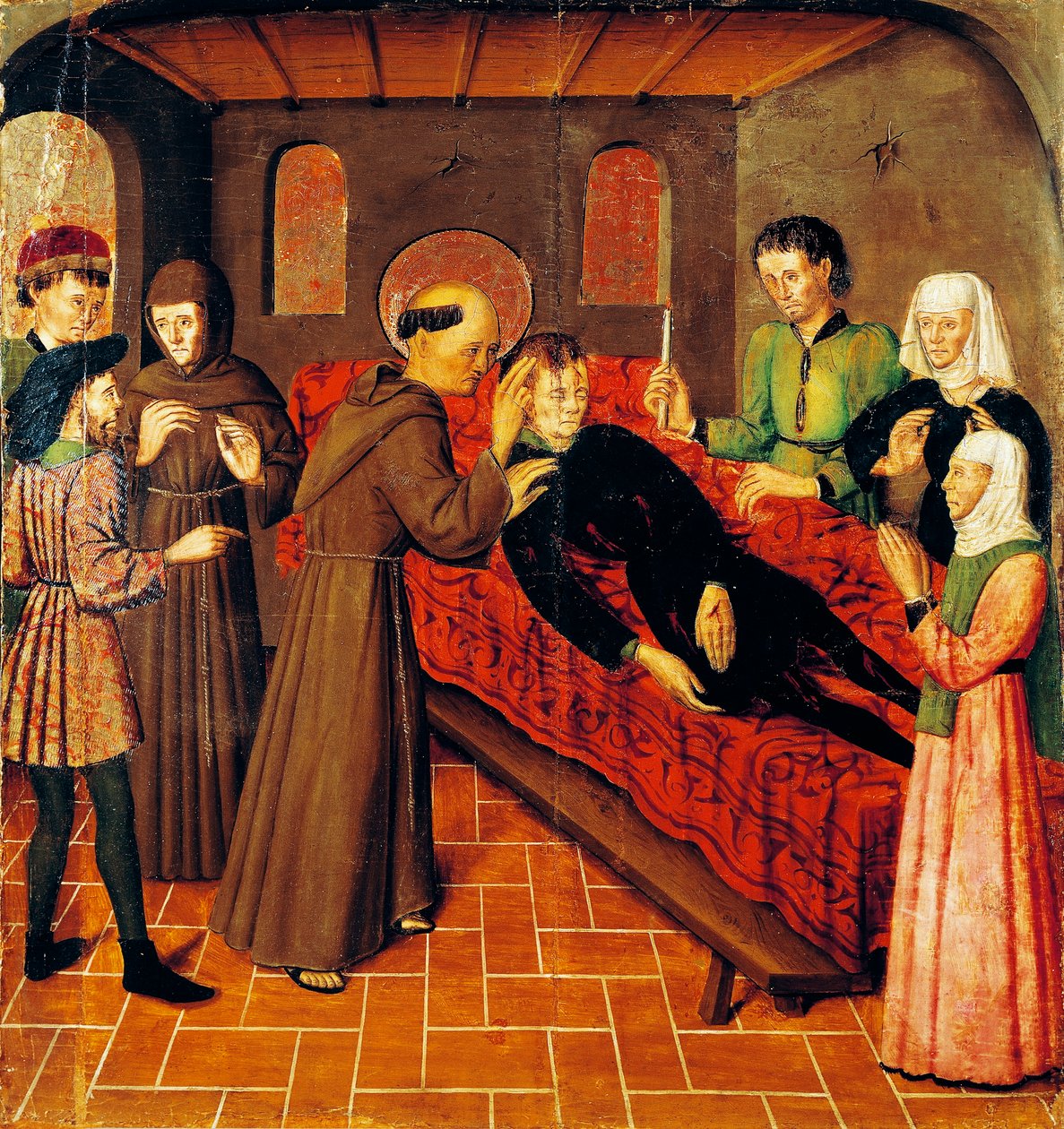 Vzkříšení muže, který zemřel na následky zranění, detail z levého panelu oltáře sv. Bernanda od Rafaela Tomase (aktivní 1455-1479), predella od Joana Figuery (aktivní od 1454-zemřel 1477 nebo 1479), tempera na panelu, 398, Rozměr 9 x 253 cm od Rafael & Figuera Joan (active c.1454 1477) Tomas