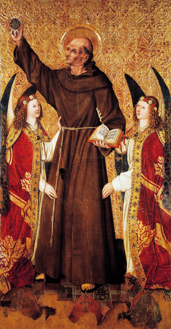 Svatý Bernard a andělé, střední deska oltáře sv. Bernarda od Rafaela Tomáše (aktivní 1455-1479), predella od Joan Figuera (aktivní od 1454-umřel 1477 nebo 1479), tempera na desce, 398, 9x253 cm od Rafael & Figuera Joan (active c.1454 1477) Tomas