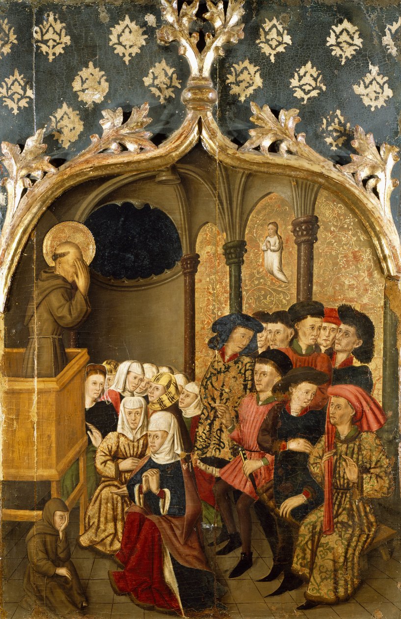 Vize při kázání, detail z levého panelu oltáře sv. Bernanda od Rafaela Tomáše (aktivní 1455-1479), predella od Joana Figuery (aktivní od 1454-zemřel 1477 nebo 1479), tempera na panelu, 398, 9x253 cm od Rafael & Figuera Joan (active c.1454 1477) Tomas