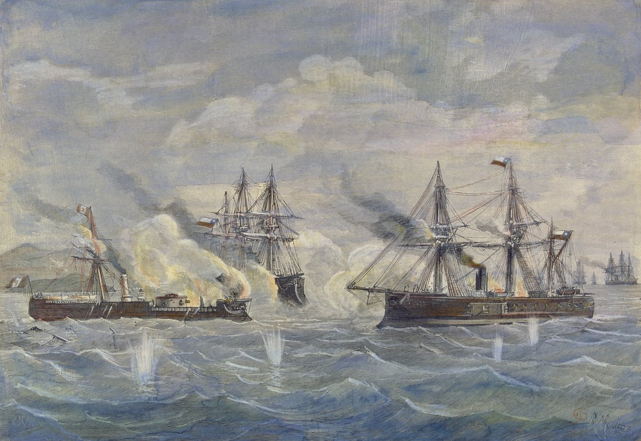 Námořní boj mezi peruánskou lodí „Huascar“ proti chilské „Blanco Encalada“ a „Cochrane“ v roce 1879 od Rafael Monleon y Torres