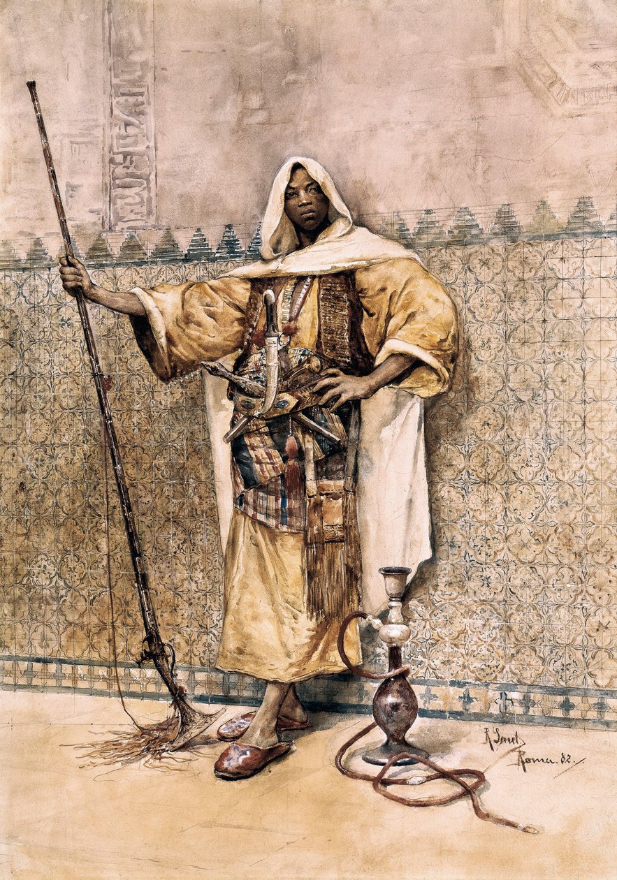Orientalismus: "" Portrét arabského muže, zbraň vojáka, nosí nože u opasku "" Akvarel od Rafaela Seneta y Pereze (1856-1926) 1881 Sevilla. Muzeum výtvarných umění. od Rafael Senet