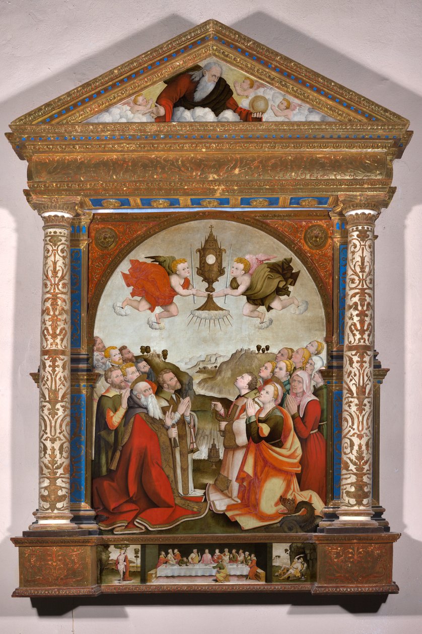 Oltářní obraz Klanění Nejsvětější svátosti v predelle: Poslední večeře, svatý Šebestián a svatý Roch od Raffaele De (fl.1514 1573) Pancalino