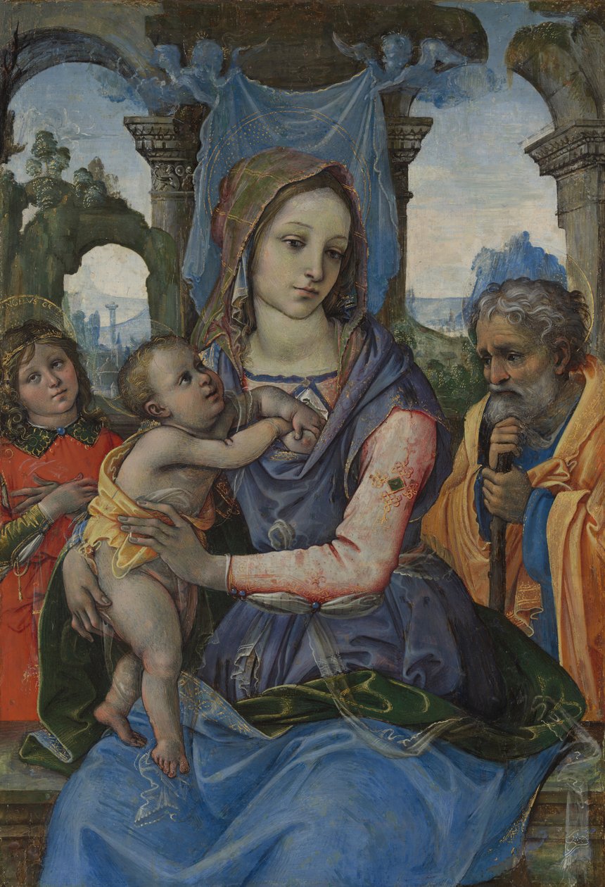 Madona s dítětem se svatým Josefem a andělem. od Raffaellino del Garbo