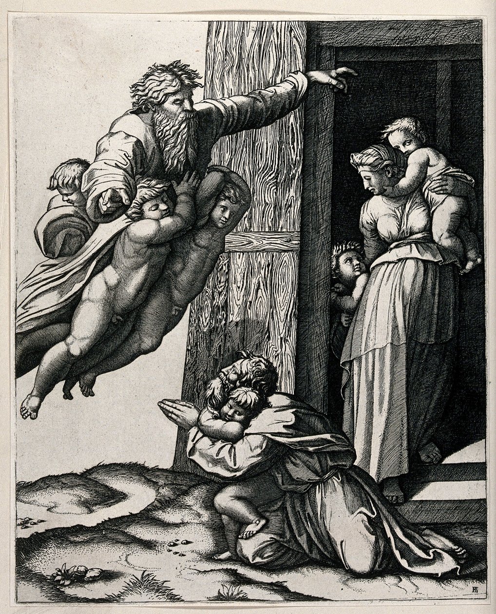 = Bůh, podporovaný třemi anděly, zjevující se Noemovi od Raffaello Sanzio Raphael