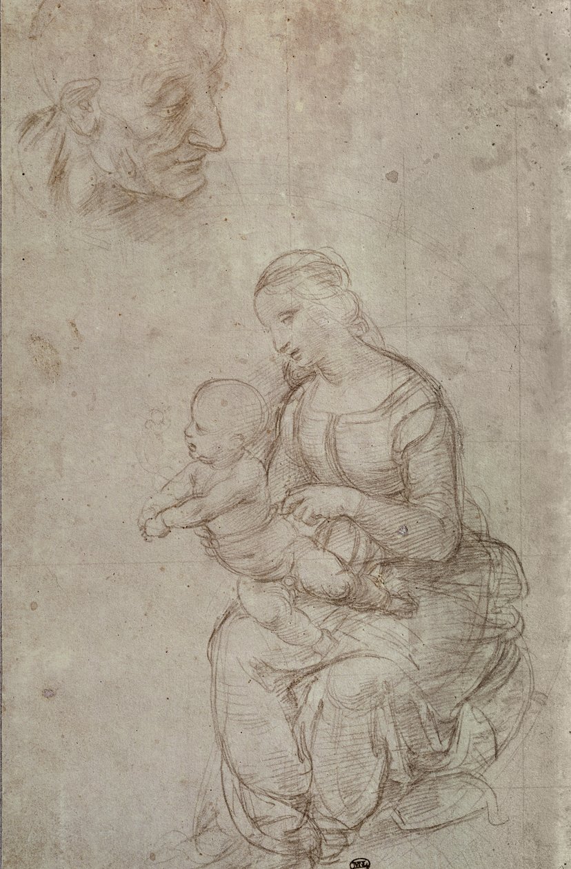 Madona s dítětem a hlava starce (kovový hrot na připraveném světle růžovém papíře) od Raffaello Sanzio Raphael