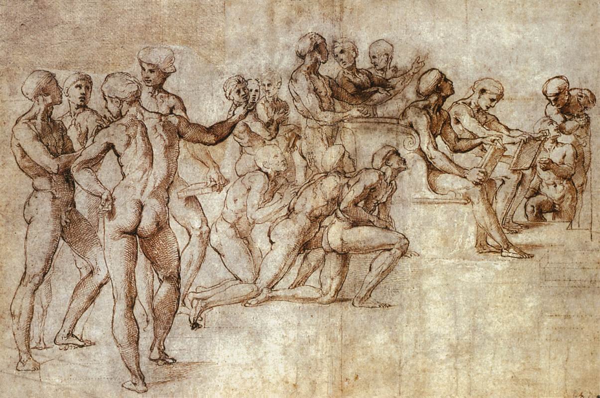 Studie nahého Garzona pro Disputu od Raffaello Sanzio Raphael