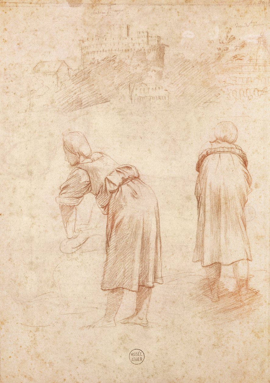 Pračky na břehu Tibery a studie zámku Saint-Ange (červená křída na papíře) od Raffaello Sanzio Raphael