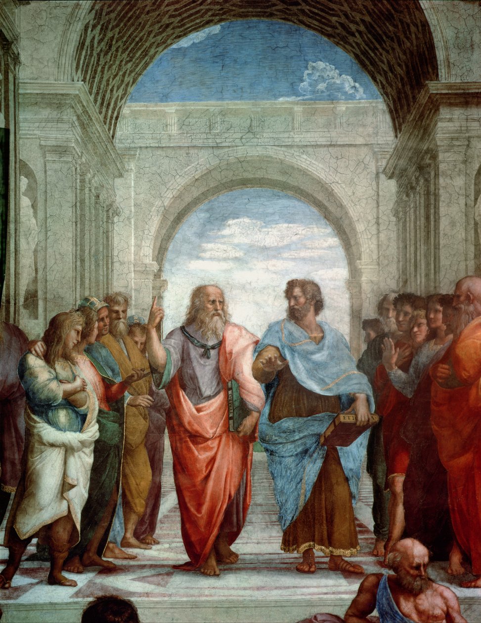 Aristoteles a Platón: detail z Athénské školy ve Stanza della Segnatura, 1510-11 detail fresky z roku 472 od Raffaello Sanzio Raphael