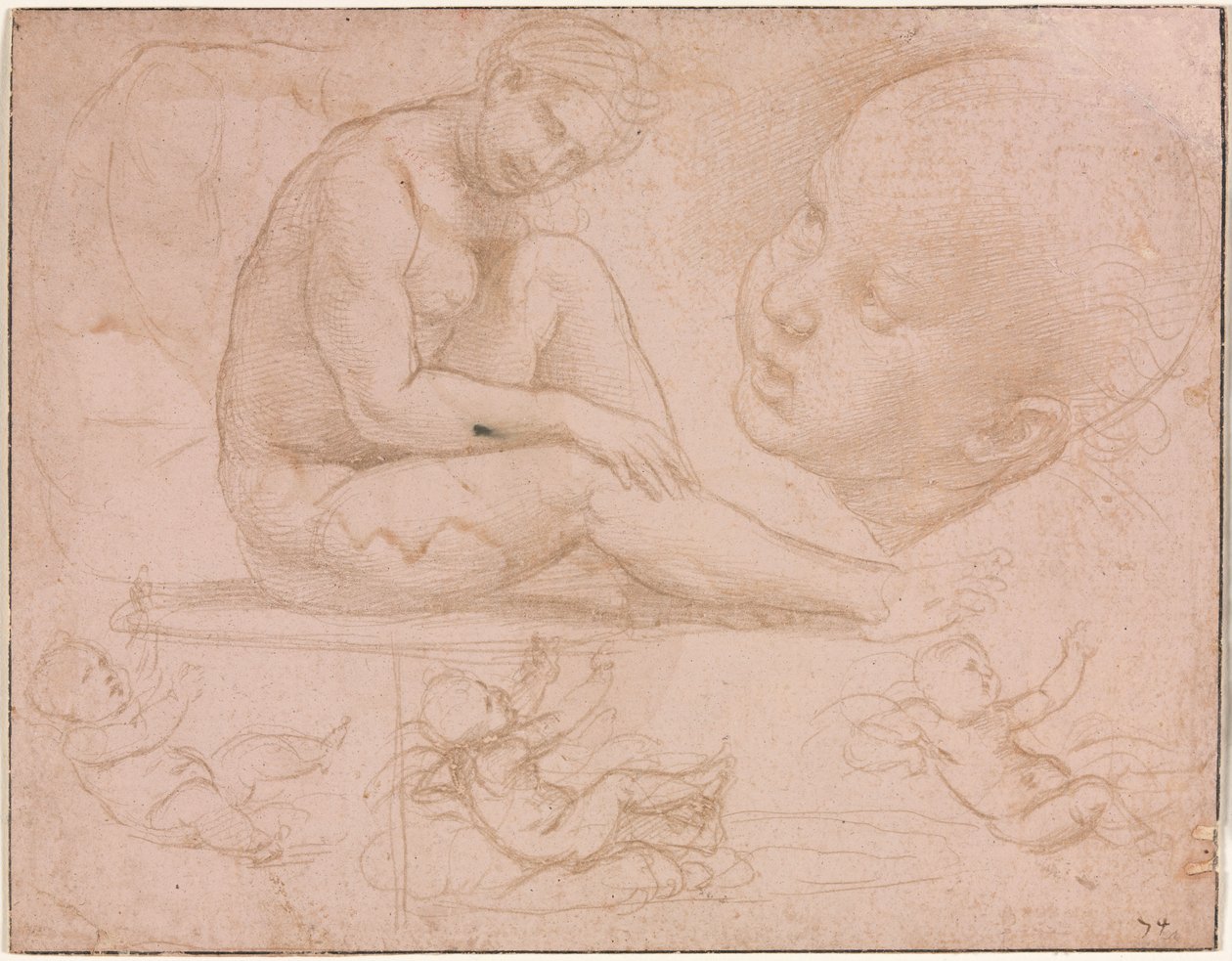 Studie sedící ženy, dětská hlava a tři studie dítěte, c. 1507-8. od Raffaello Sanzio Raphael