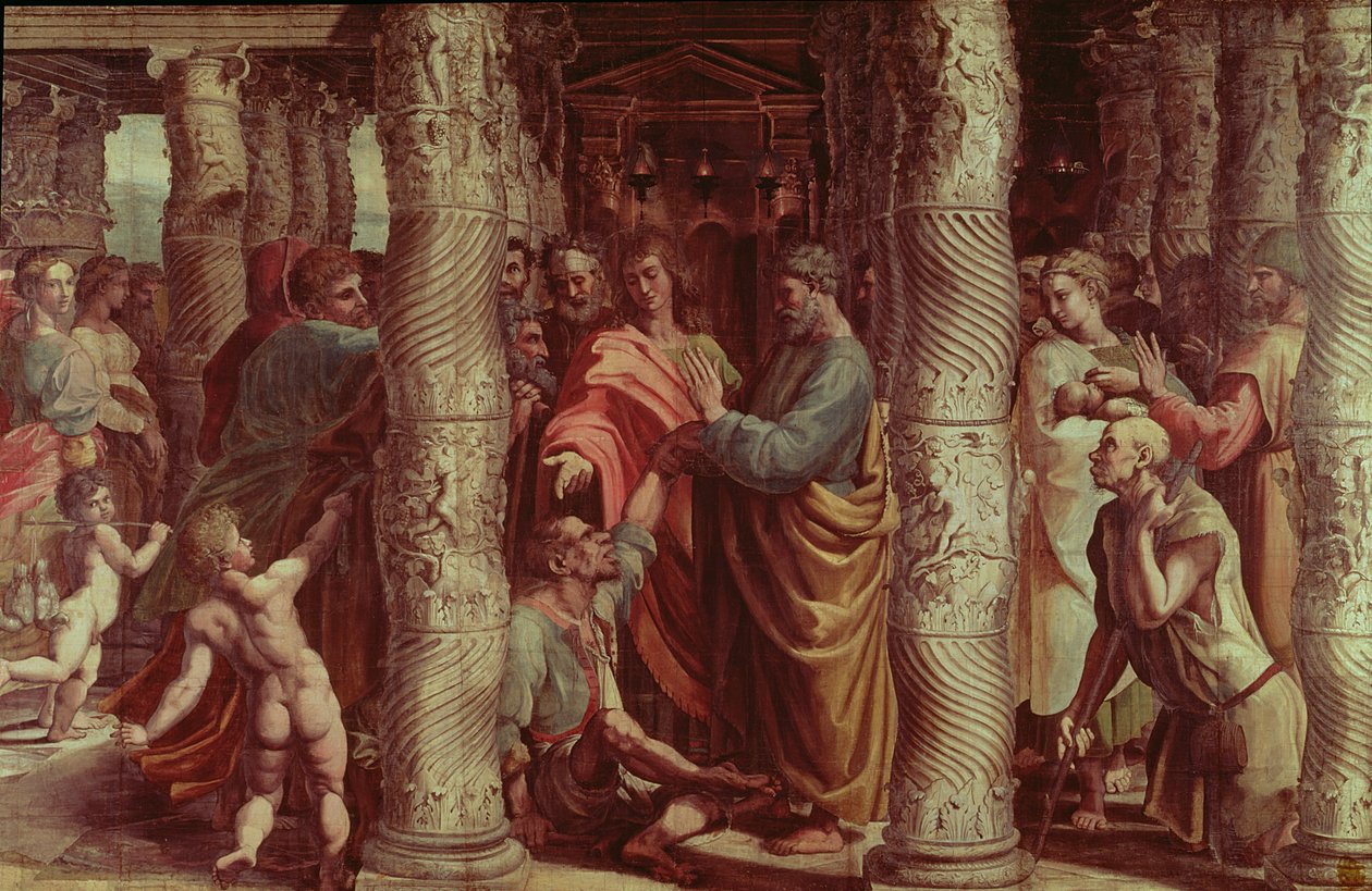 Uzdravení chromého muže (karikatura pro Sixtinskou kapli) (PŘED RESTAURACE) od Raffaello Sanzio Raphael