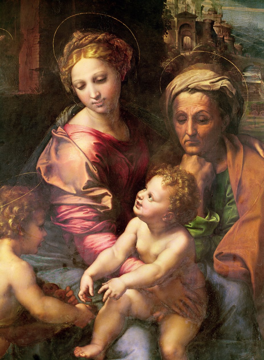 Svatá rodina (neboli perla), detail: Panna, svatá Alžběta a dítě, kolem 1518 (olej na dřevě) od Raffaello Sanzio Raphael
