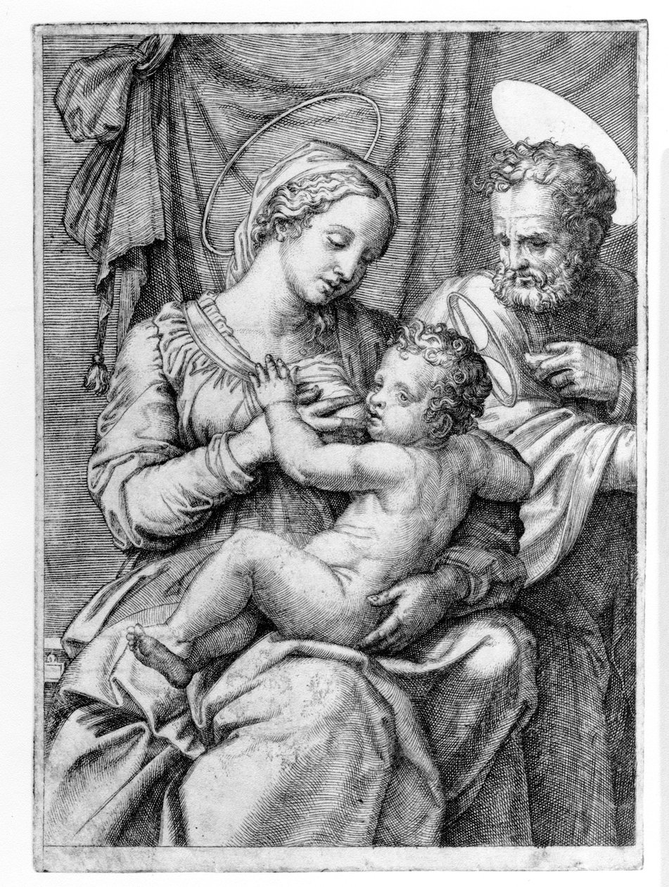 Svatá rodina, vyryl Marcantonio Raimondi, kolem roku 1515 od Raffaello Sanzio Raphael