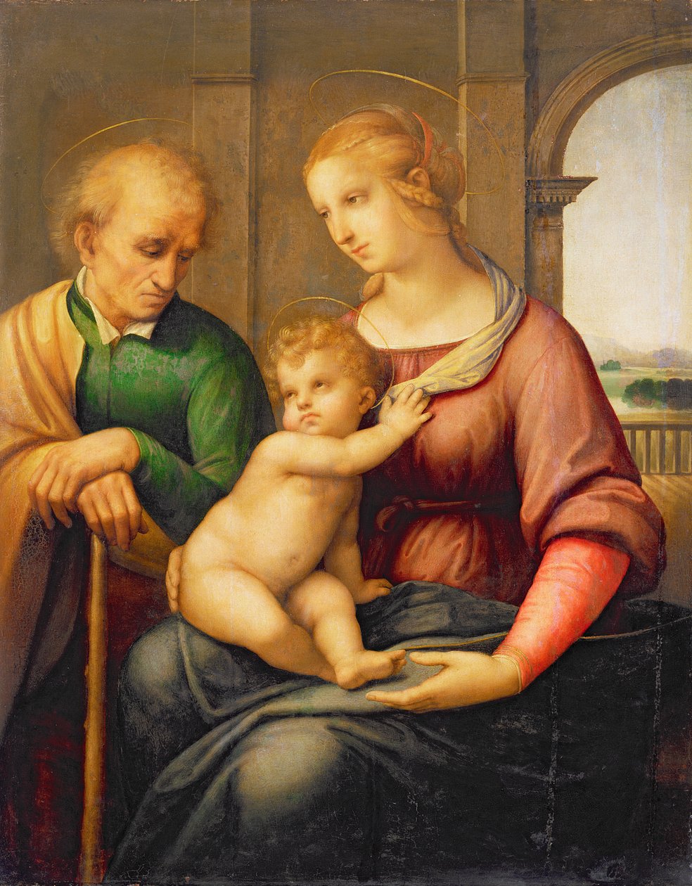 Svatá rodina aneb Madona s Josefem bez vousů, kolem 1506 (tempera a olej na plátně přenesené z panelu) od Raffaello Sanzio Raphael