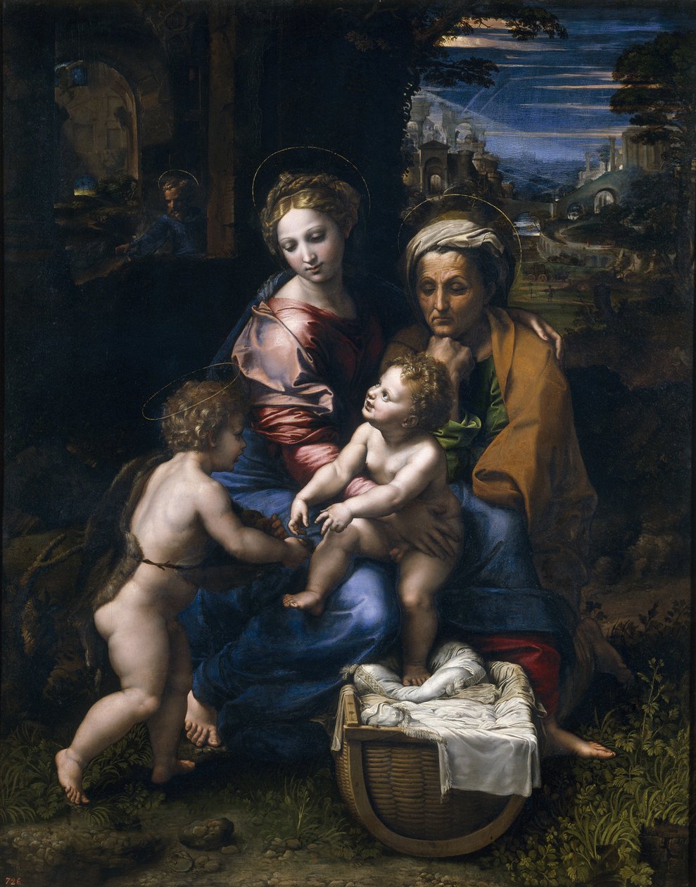 Svatá rodina s Janem Křtitelem a svatou Alžbětou La Perlou od Raffaello Sanzio Raphael