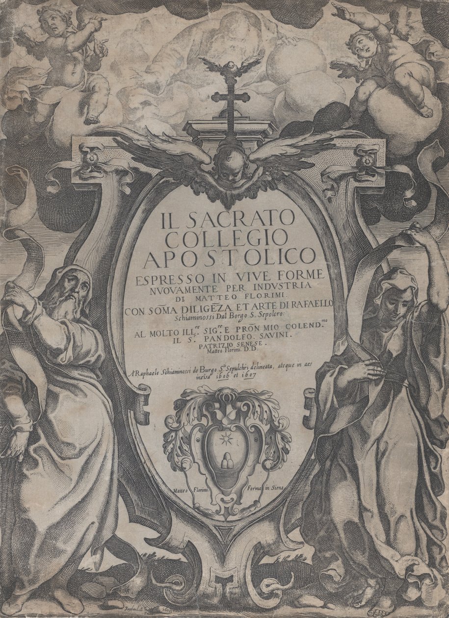 Frontispis se dvěma postavami držícími svitky a cherubíny lemující kartuš v centru..., 1606-07. od Raffaello Schiaminossi