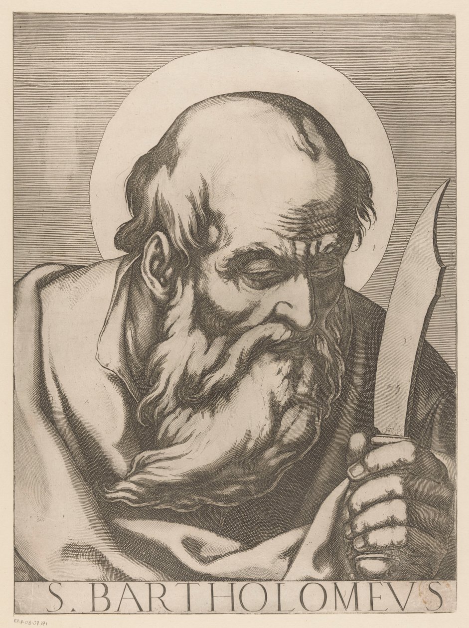 Svatý Bartoloměj S. Bartholomew (titul na předmětu) Kristus, Marie a dvanáct apoštolů (název série) Il sacrato collegio apostolico (název série) od Raffaello Schiaminossi