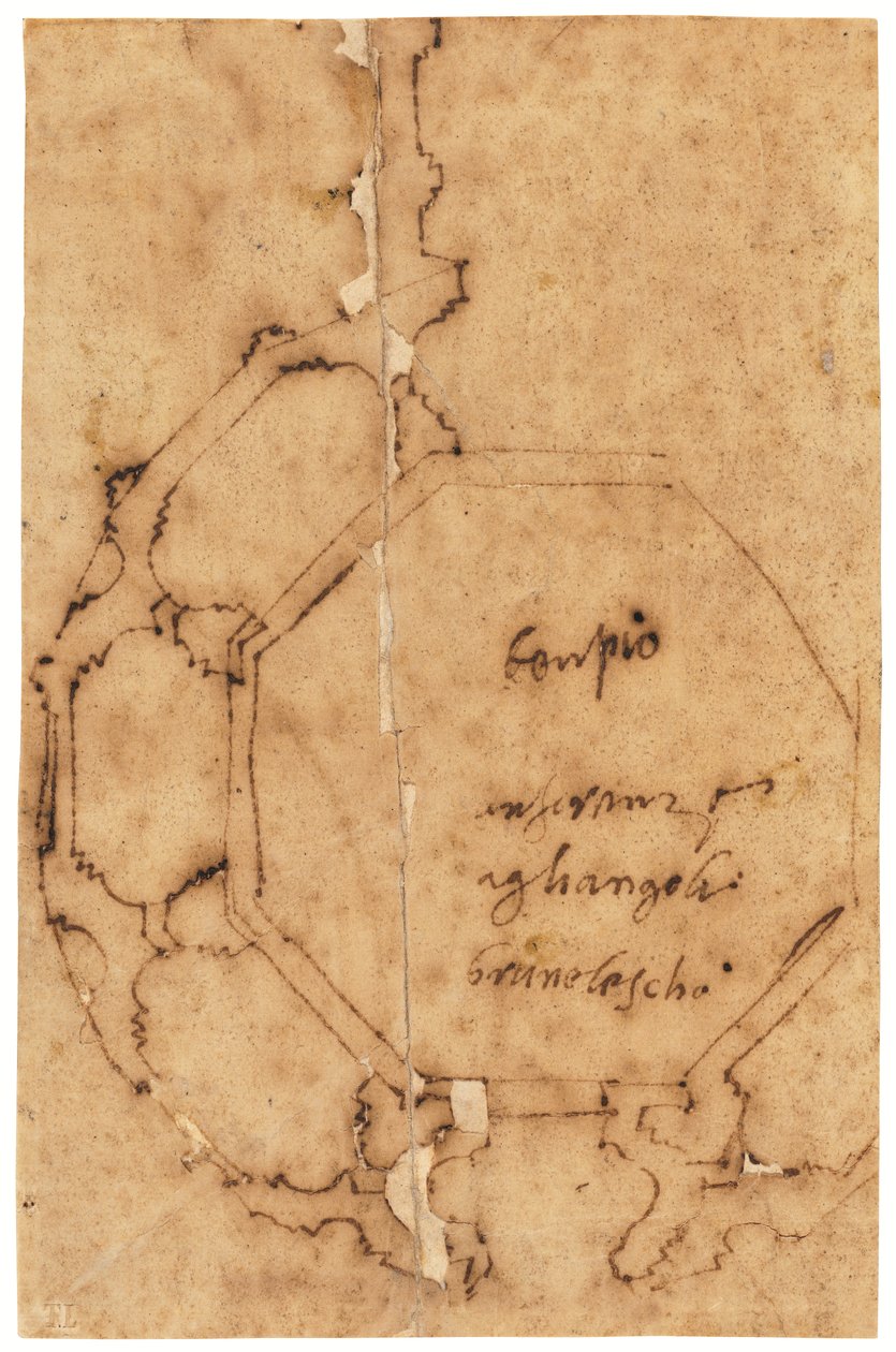 Půdorys katedrály Santa Maria degli Angeli ve Florencii (pero a hnědá tuš, na mastném pauzovacím papíře) od Raffaello da Montelupo