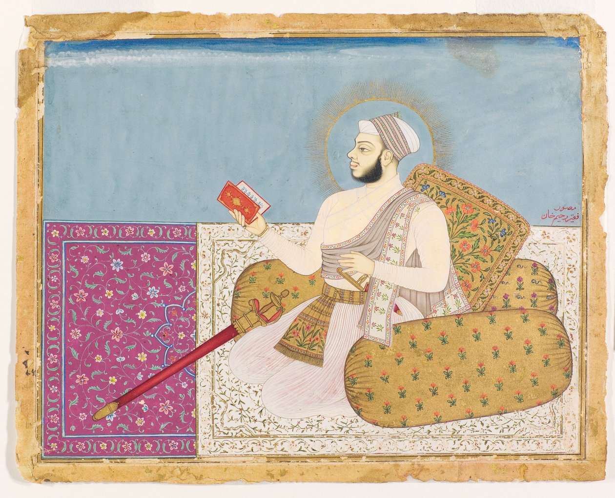 Akbar Šáh, syn dekkánského světce Šáha Rádžu, kolem roku 1670 (neprůhledná čb a zlato na papíře) od Rahim Khan Musavvir