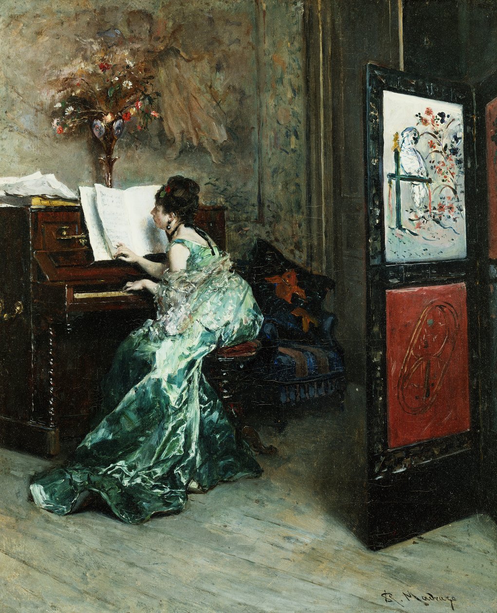 Dáma hrající na klavír v interiéru, od Raimundo de Madrazo y Garreta