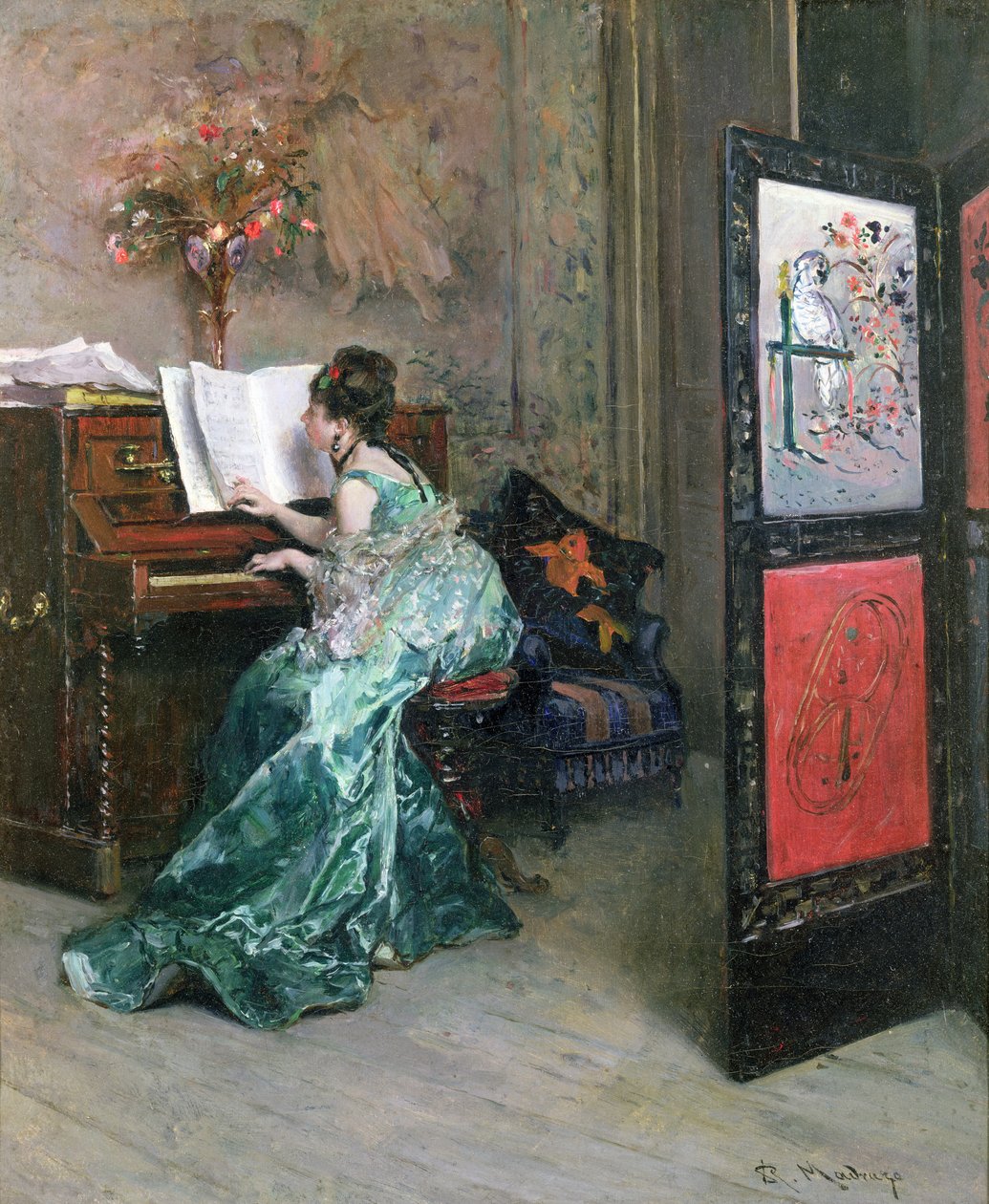 Dáma hrající na klavír v interiéru od Raimundo de Madrazo y Garreta