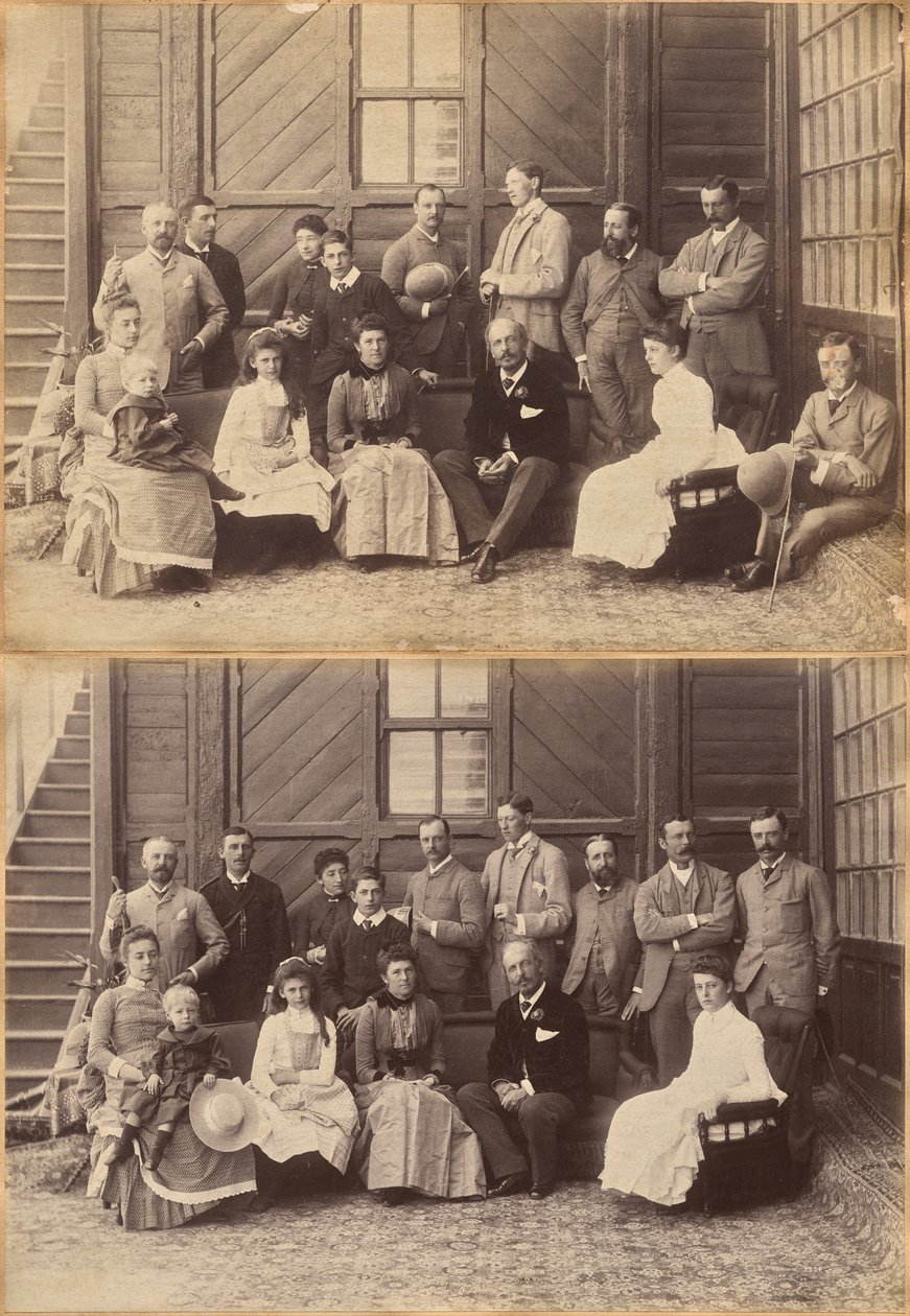 Shimla, 17. května 1887: místokrálovská společnost. Lord William Beresford, vojenský tajemník, kapitán Leonard Gordon A.D.C., Mademoiselle Clerc, vážený Basit Blackwood, major F.R. Hamilton A.D.C., pan Oglivie Grant, Sir Donald Mackenzie Wallace K.C.E. od Raja Deen Dayal