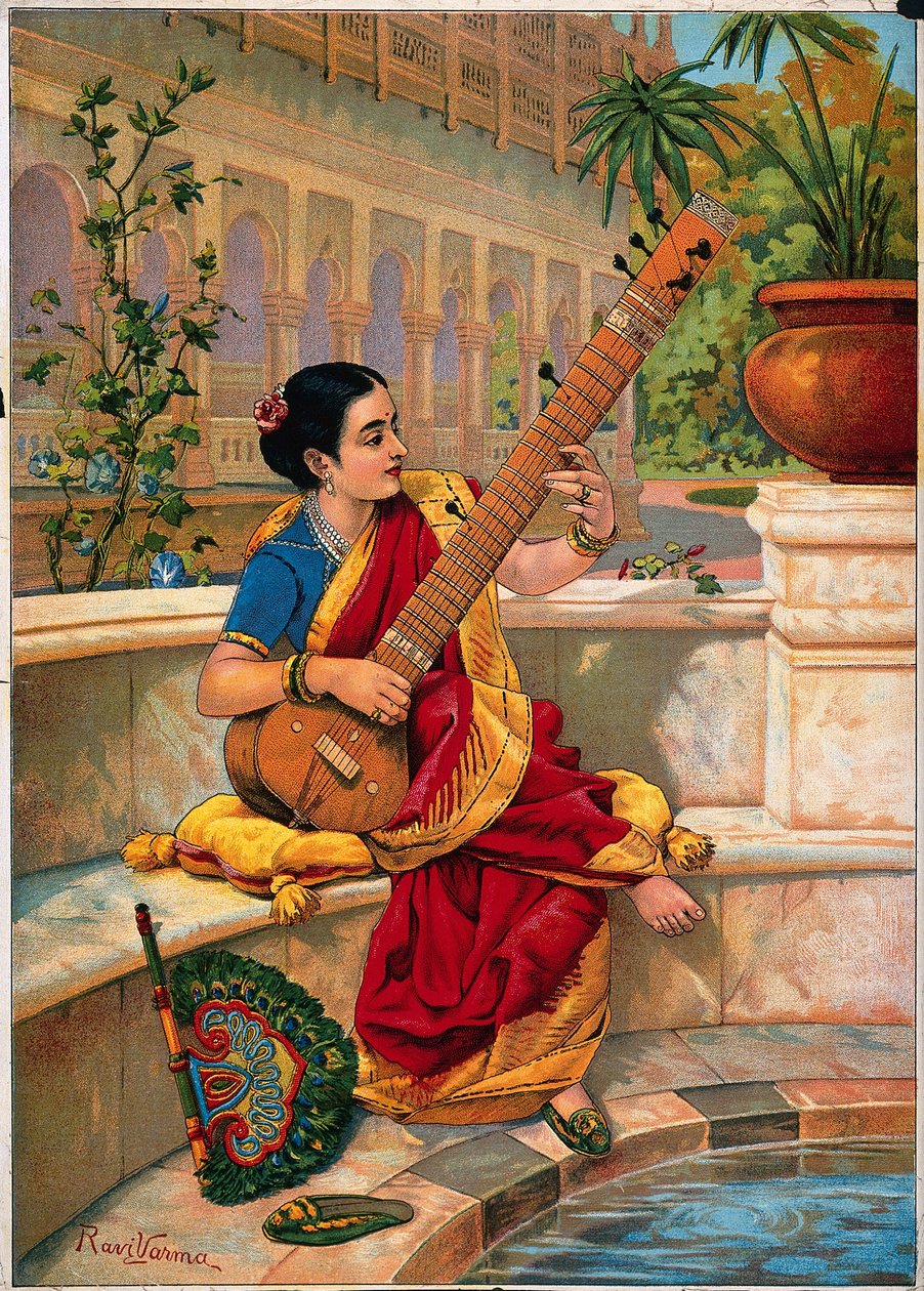 Sedící Indka hraje na sitár u zahradního jezírka. od Raja Ravi Varma