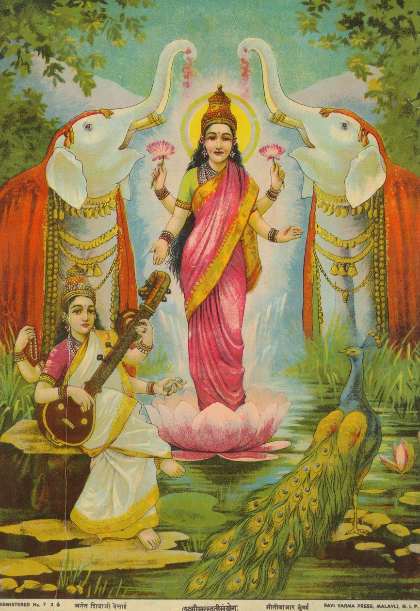 Lakšmí Sarasvatí sanjóg, autor Rádža Ravi Varma od Raja Ravi Varma