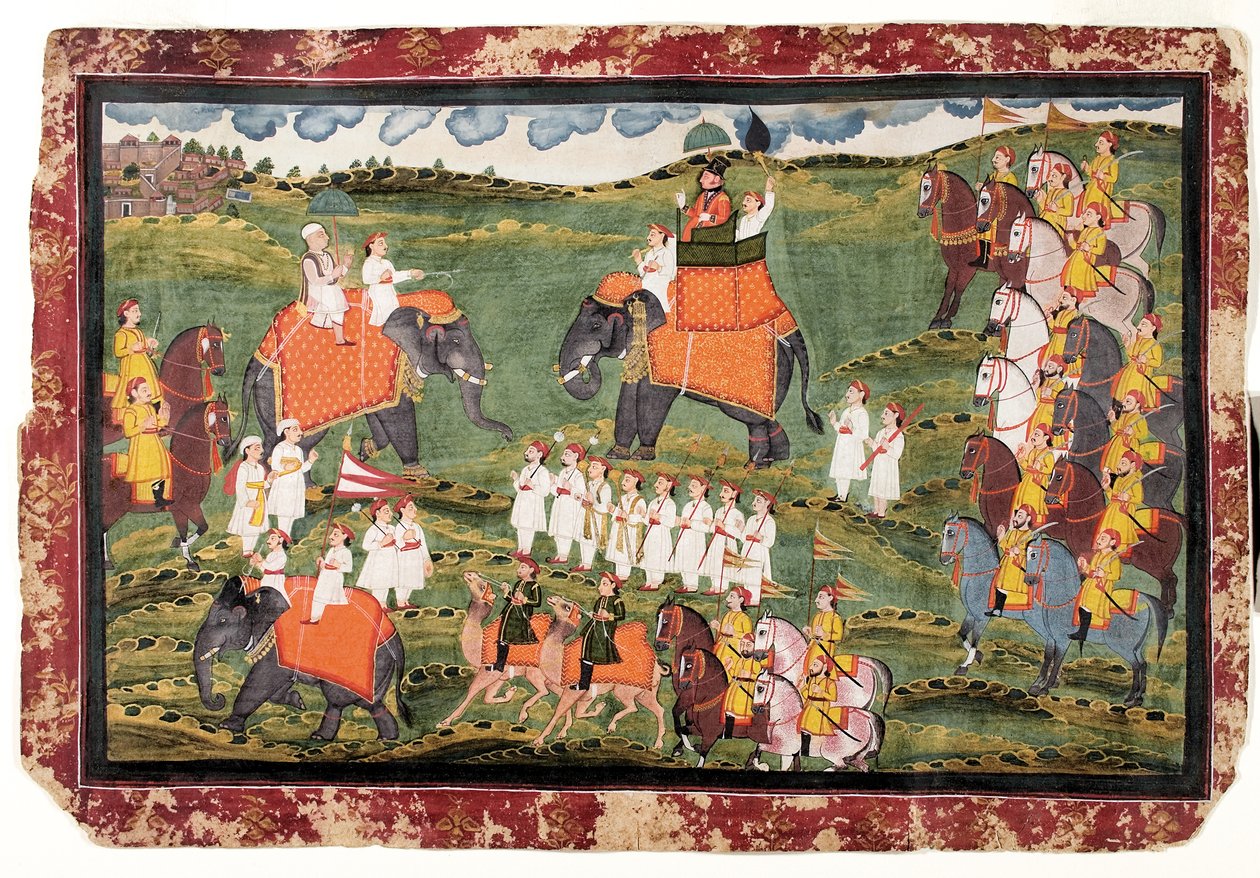 Plukovník James Tod a Guru Gyanchandra jedoucí na slonech poblíž Udaipuru, říjen 1822 od Rajasthani School