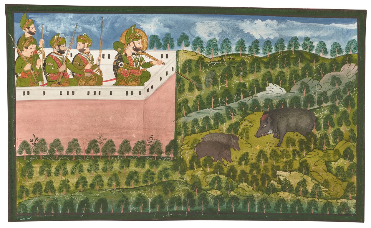 Obraz Maharana Jawan Singh (r. 1821-38) při lovu divokých prasat od Rajasthani School