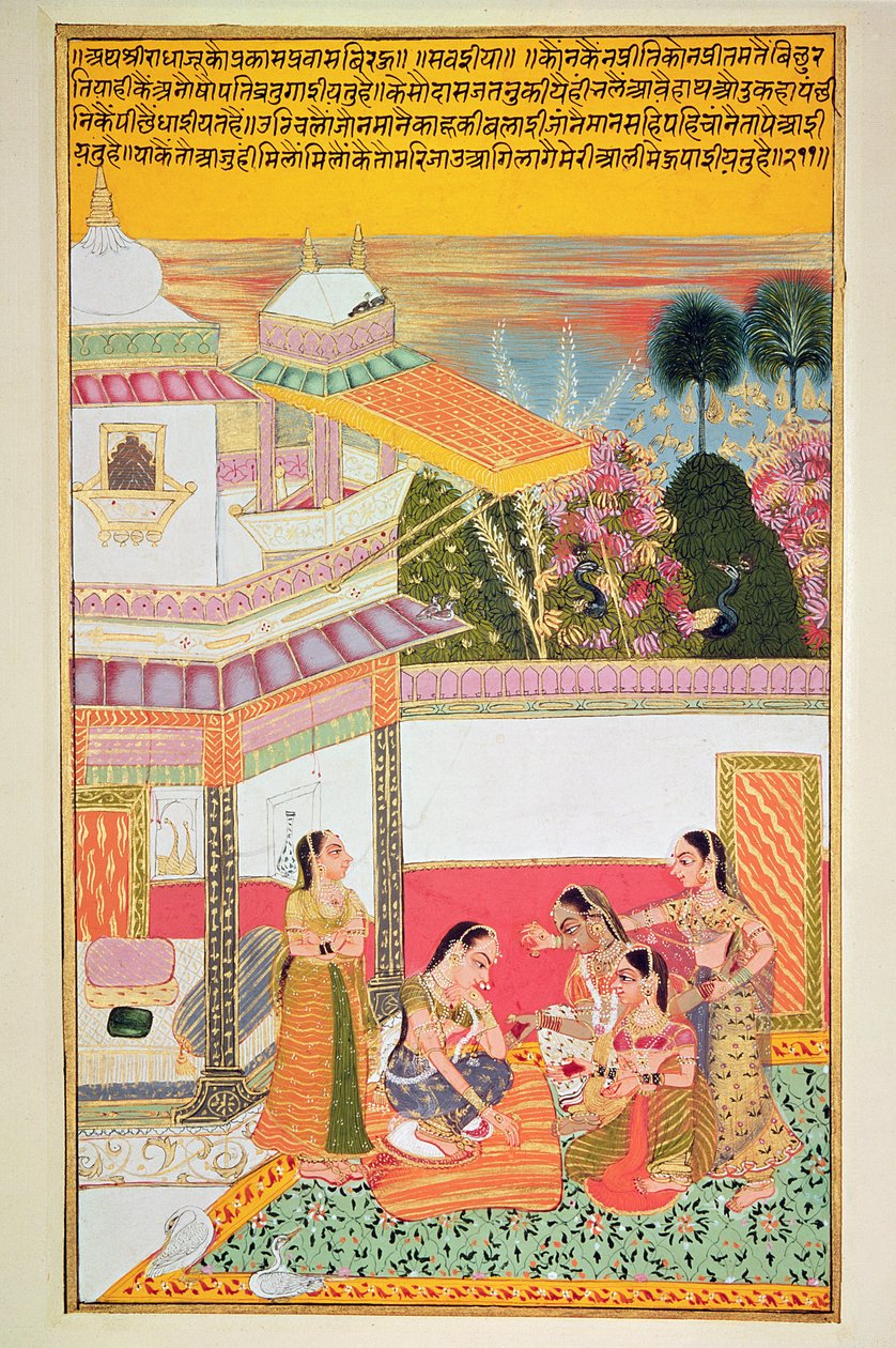 Žena barvící dlaně, z Bundi, 1800 (čb na papíře) od Rajasthani School