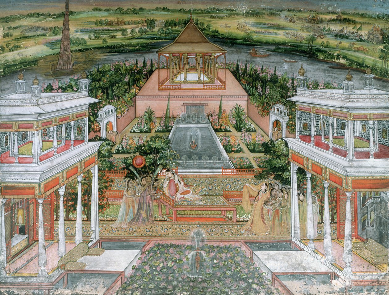 Mughalská princezna, kterou baví ženské průvodkyně v palácové zahradě v Rádžasthánu, 1700 (wc a kvaš na papíře) od Rajput School