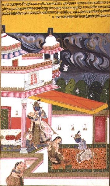 Folio 72. Krišna přemlouvá Rádhu, zatímco se nad hlavou zvedá bouře, z "Rasikapriya of Kesavadasa", okres Bundi-Kotah, Rádžasthán od Rajput School