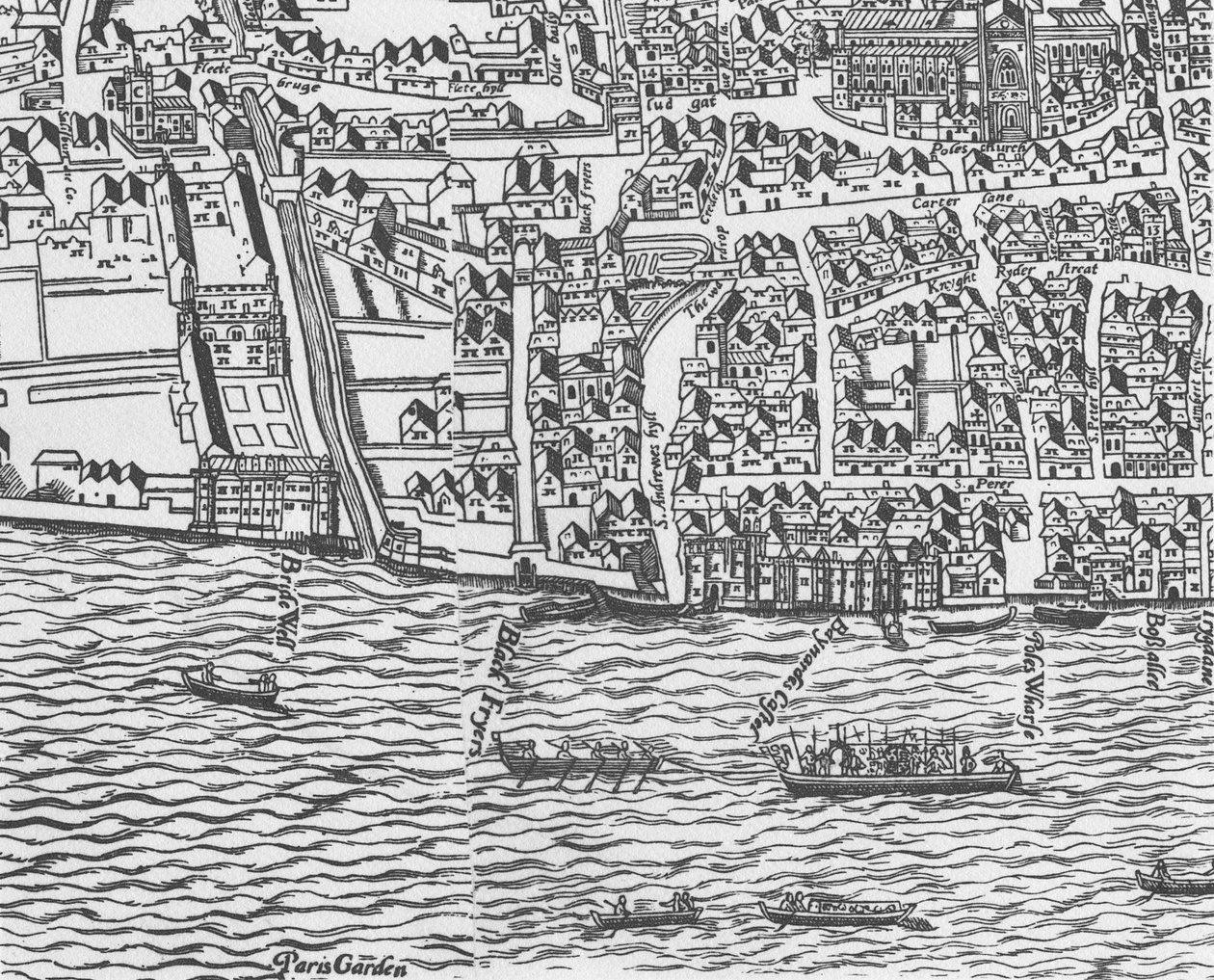Detail řeky Temže a katedrály St Pauls z dřevotisku Civitas Londinium od Ralph Agas