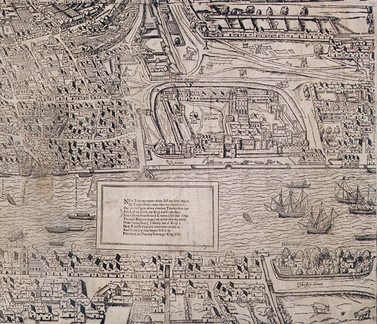 Detail Tower of London, z "Civitas Londinum", mapa Londýna, 1560 od Ralph Agas