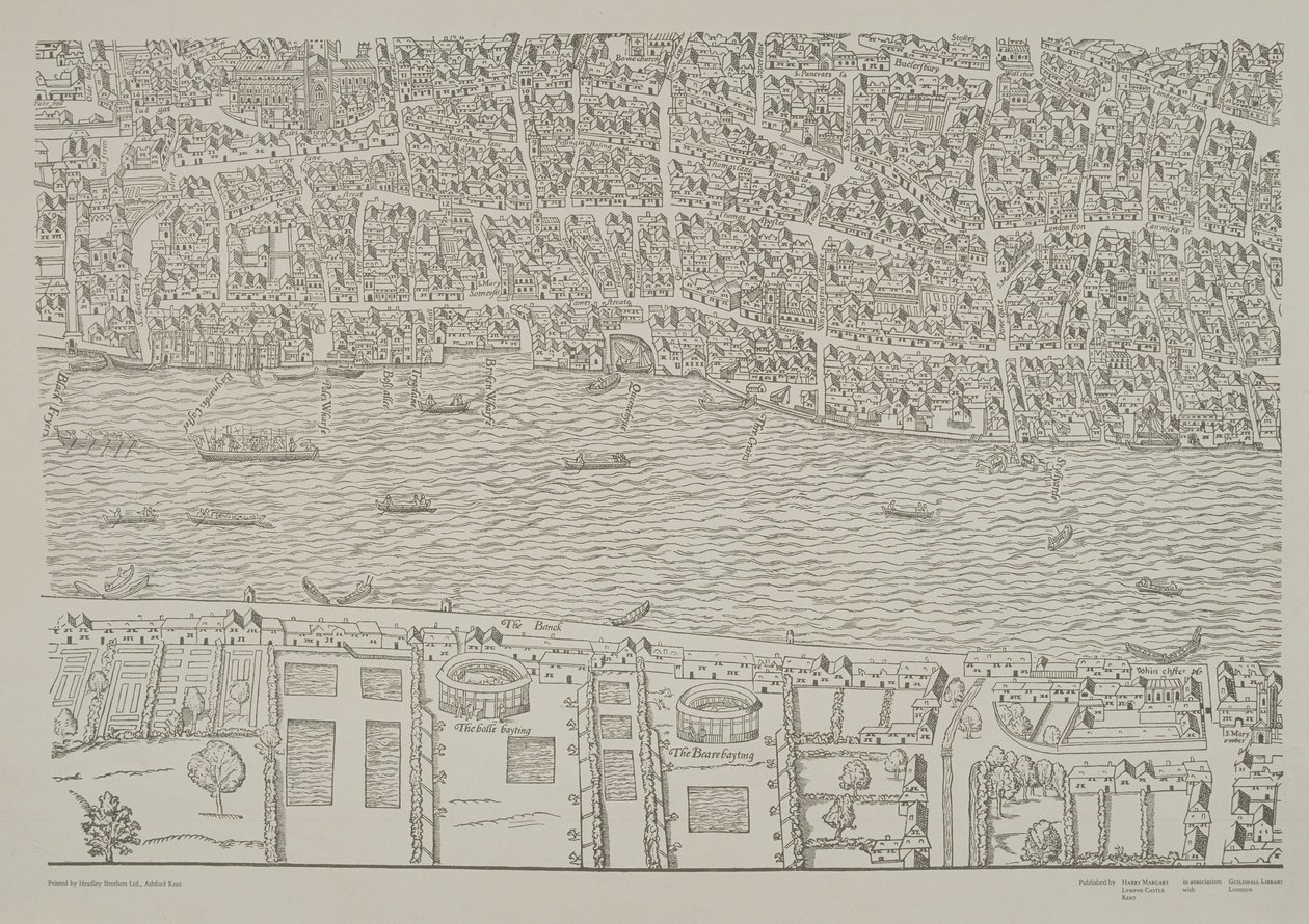 Mapa Londýna, zobrazující zahradu s návnadami na medvědy v Southwarku, kolem roku 1561 od Ralph Agas