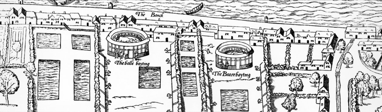 Místo Shakespearova divadla, detail Civitas Londinium, mapa Londýna, dřevotisk z roku 1560 od Ralph Agas