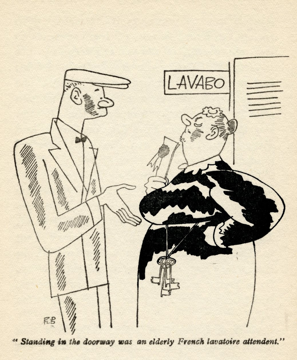 „Ve dveřích stál postarší francouzský pomocník u lavatoire.“, ilustrace z knihy „Ale pánové si berou brunety“ od Anity Loos, vydané v roce 1928 od Ralph Barton