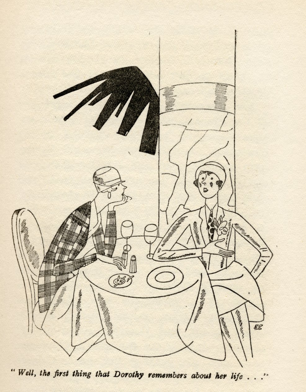 "No, první věc, kterou si Dorothy pamatuje ze svého života...", ilustrace z knihy "But Gentlemen Marry Brunettes" od Anity Loos, vydané v roce 1928. od Ralph Barton