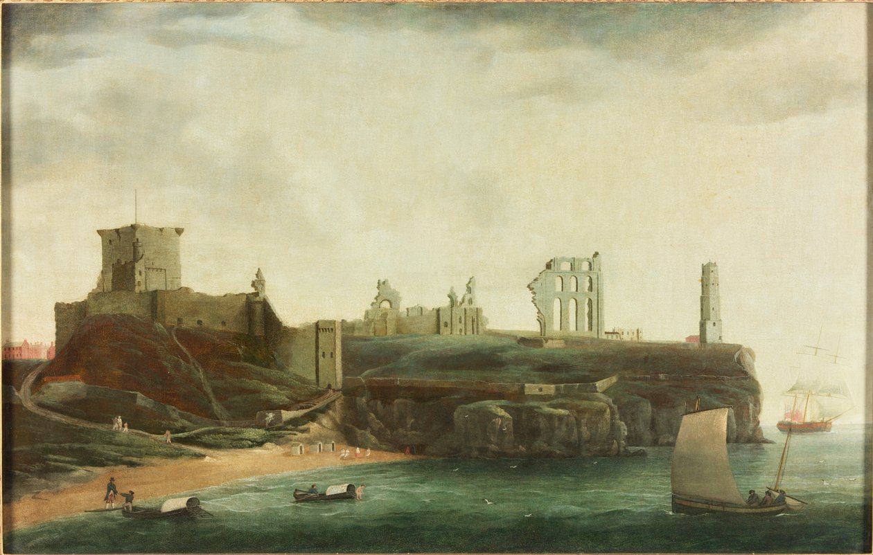 Figurky a koupací stroje v zátoce pod hradem Tynemouth od Ralph I Waters