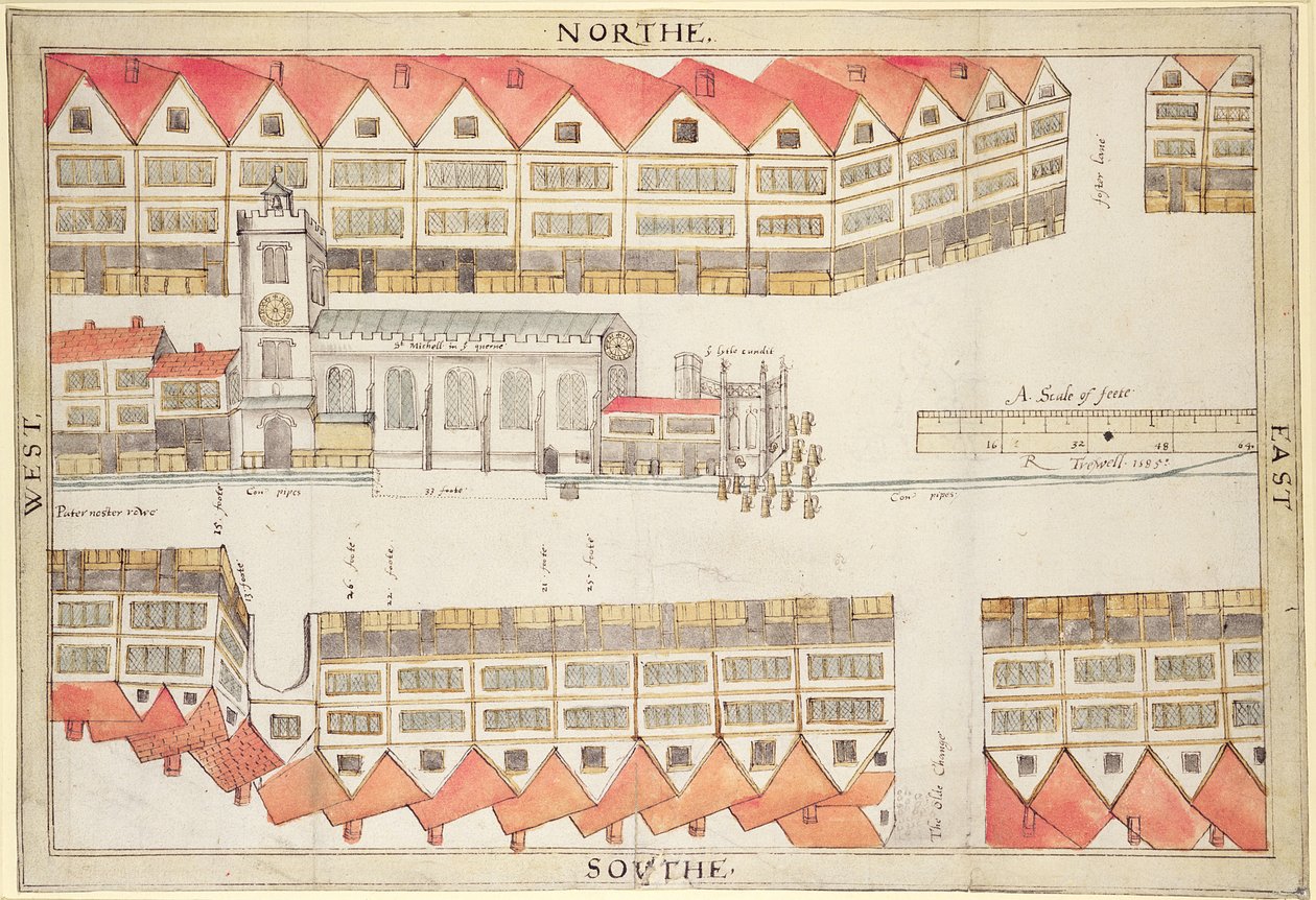 Mapa Cheapside, Londýn, 1585 (perem a čb na papíře) od Ralph Treswell