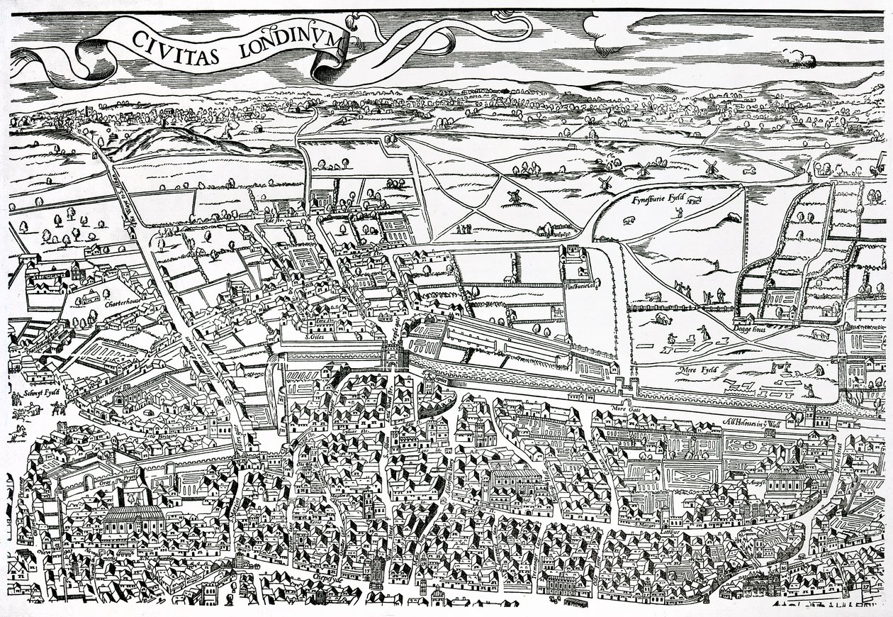 Detail Londýna severně od města z Civitas Londinium (dřevěný tisk) od Ralph Agas