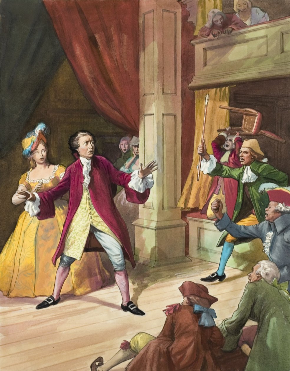 David Garrick (1717-1979) čelí výtržnostem diváků (kvaš na papíře) od Ralph Bruce