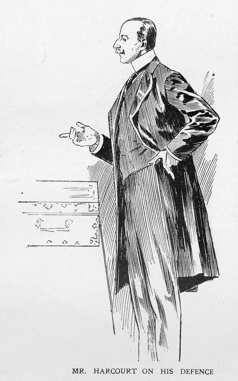 Pan Harcourt o obraně, z článku s názvem "The Reassembling of Parliament", který byl zveřejněn v časopise "The Graphic" 27. října 1906. od Ralph Cleaver