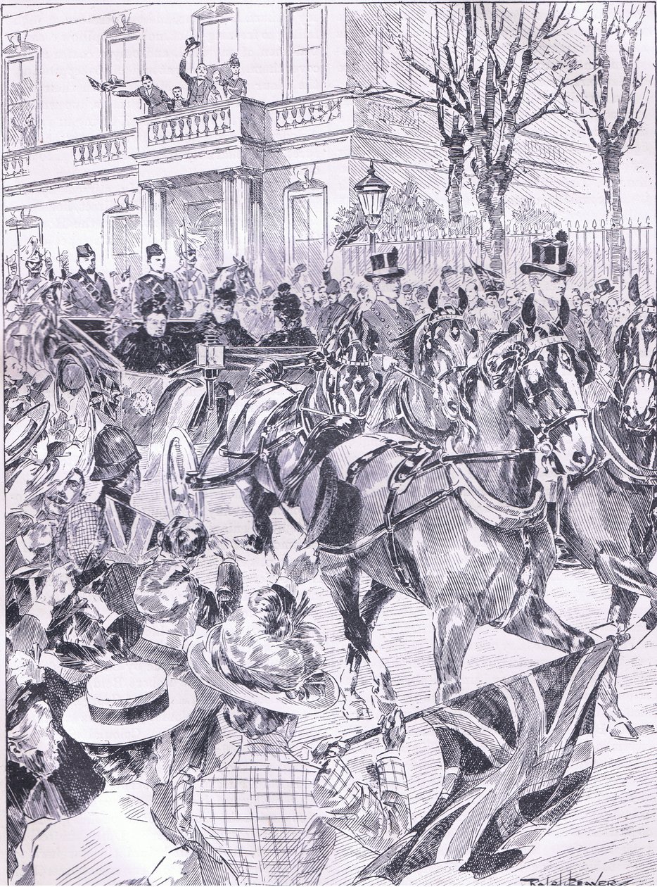 Poslední návštěva Queenů v Londýně v březnu 1900, ilustrace z Cassells History of England, 1900s od Ralph Cleaver