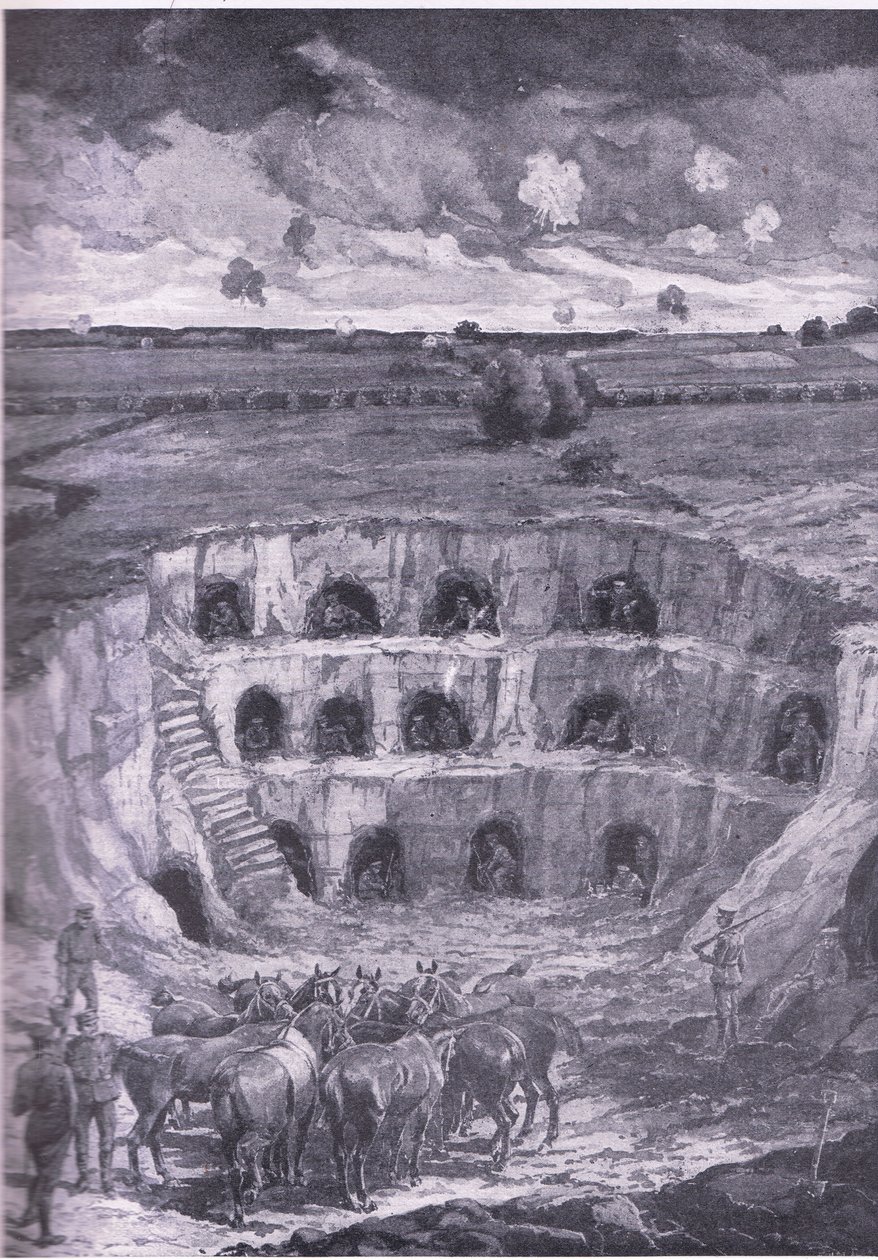 Moderní obyvatelé jeskyní, z History of the Great War Vol 3 vydané nakladatelstvím Waverley Book Co Limited, kolem roku 1920 od Ralph Cleaver