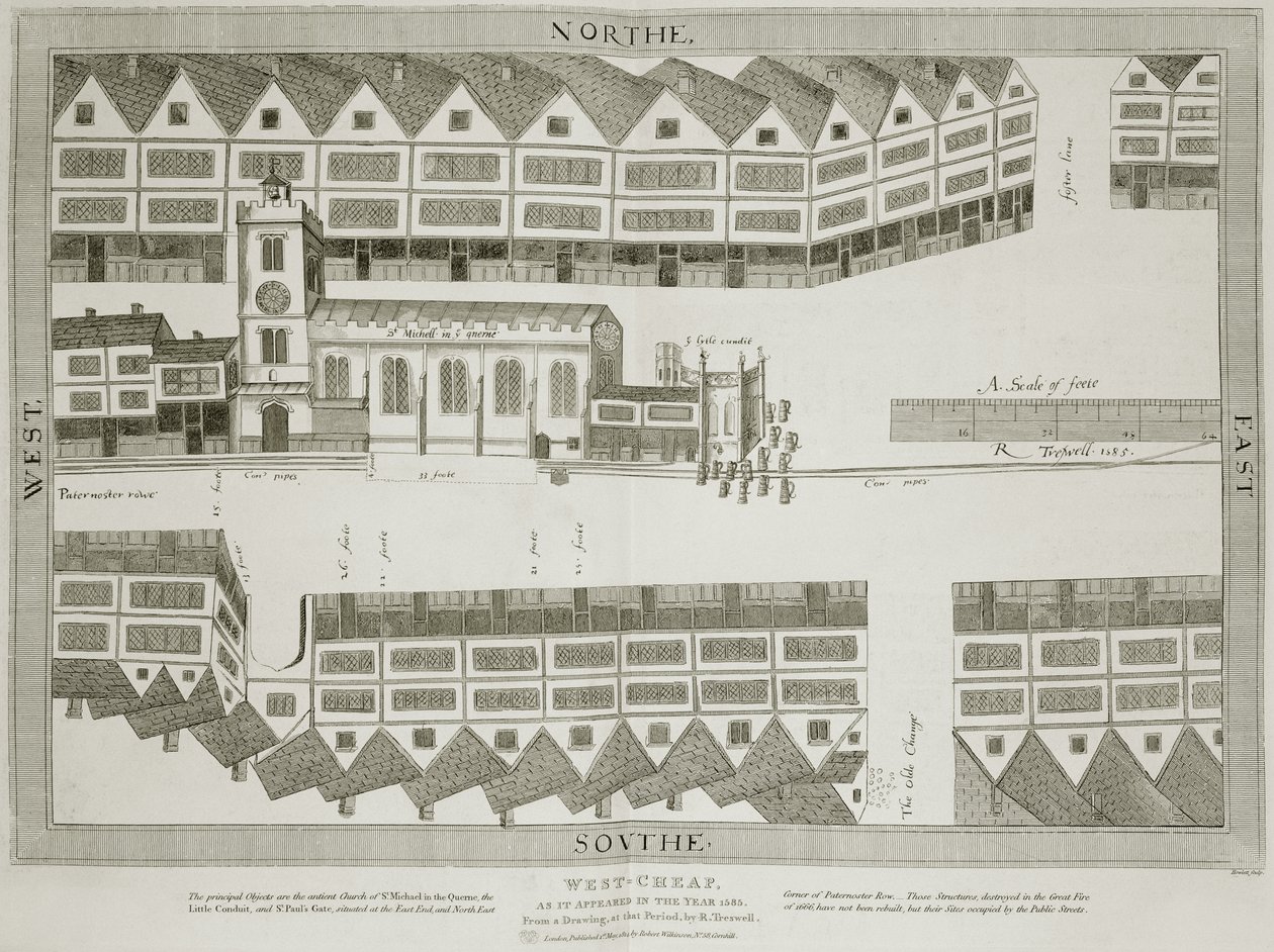West Cheap, jak se objevil v roce 1585, vyryl Bartholemew Howlett (1767-1827), publikoval 1814 od Ralph Treswell