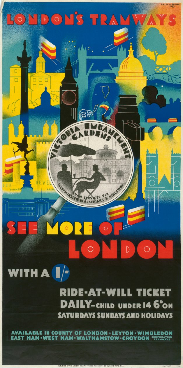 Plakát „Vidět víc z Londýna se šilinkem“, London County Council LCC Tramways, 1933 od Ralph and Brown Studios