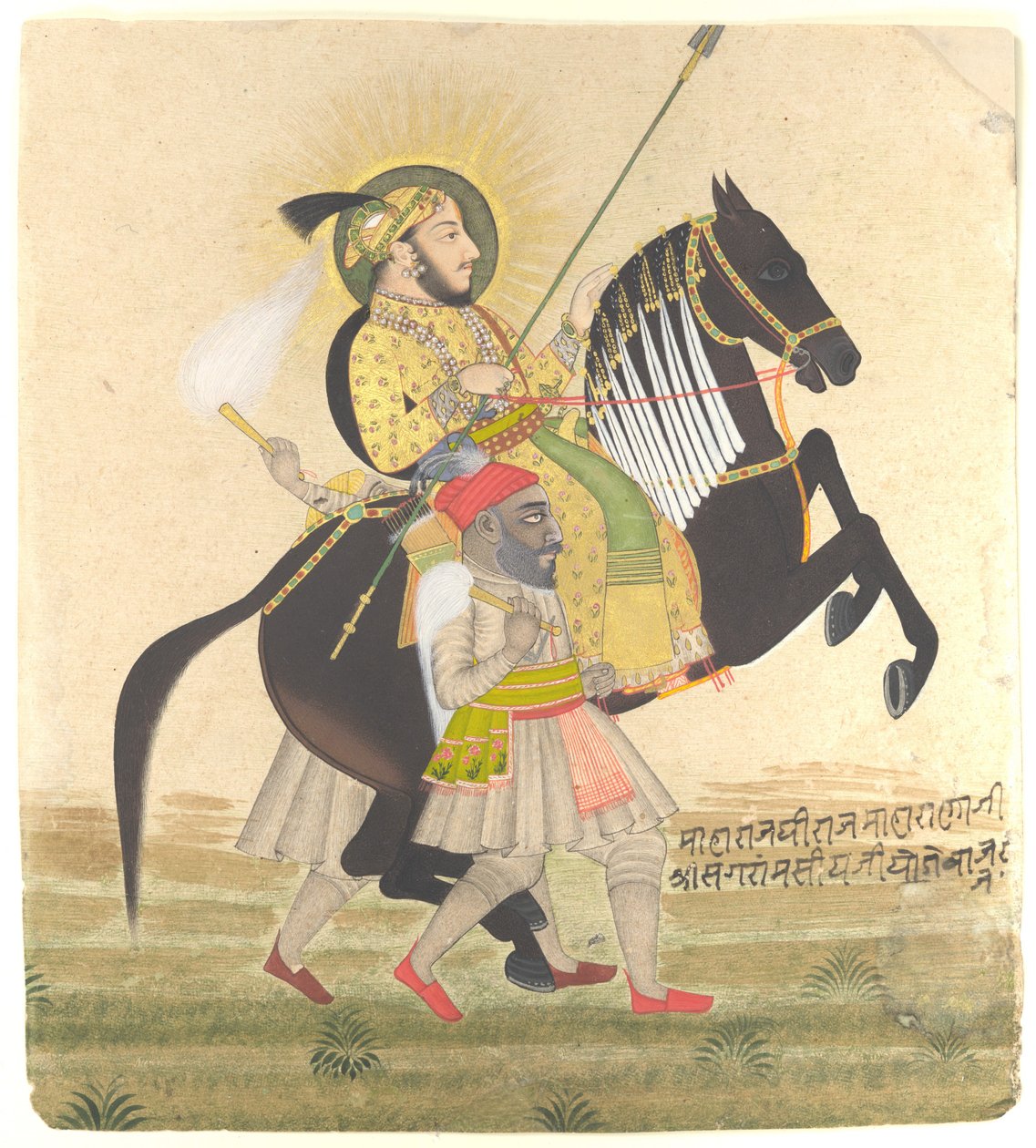 Maharana Sangram Singh Riding a Prize Stallion, cca 1712 (inkoust, neprůhledný akvarel, zlato a basra perly na papíře) od Ram Jai