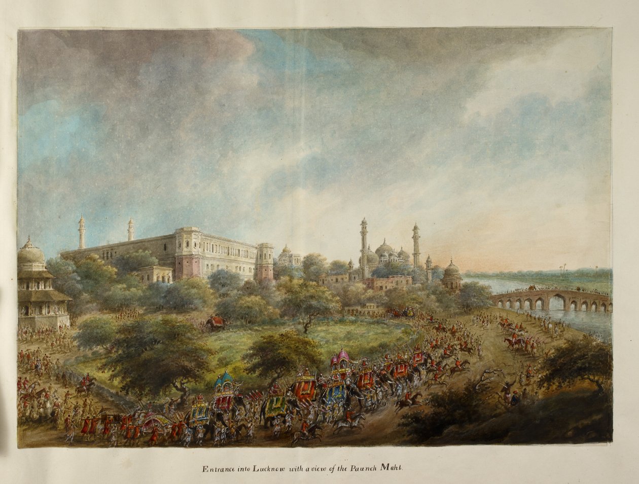 Skupina lorda Hastingse vjíždí na sloním hřbetě do města Lucknow, kolem roku 1814-15 (akvarel na papíře) od Ram Sita