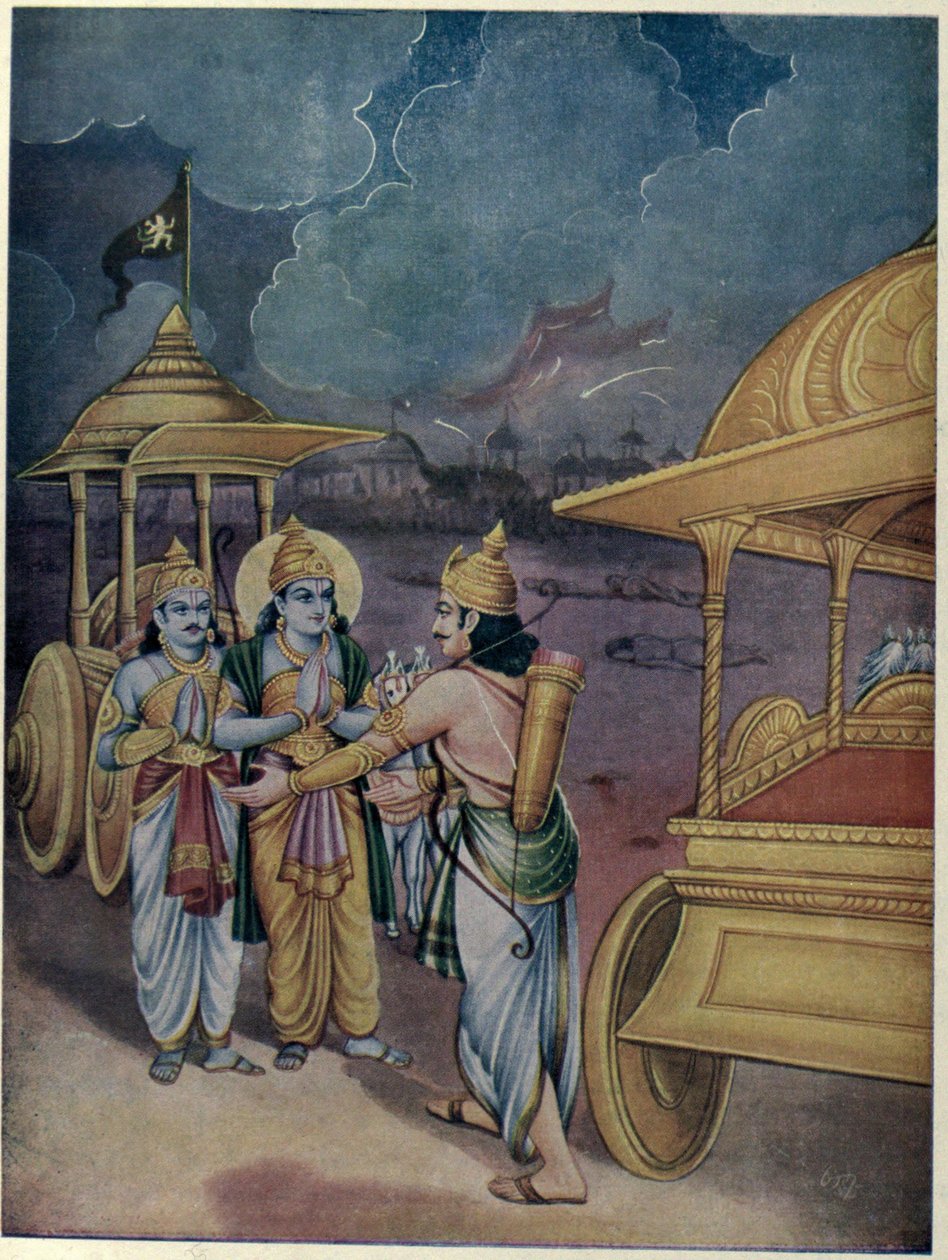 Arjuna a Srikrishna se setkávají s Yudhistirou od Ramanarayanadatta astri